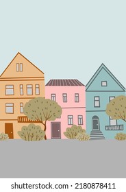 town street background clipart, retro city vector illustration, house scenery image, groovy hippie clip art
