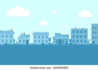 Town street with buildings. City landscape road and low-rise houses in various architecture styles. Metropolis outskirt sidewalk vector eps illustration