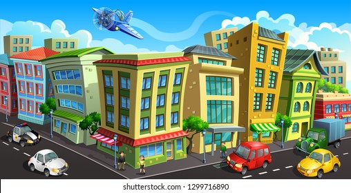 A town street with colored houses and glass shop windows. City buildings with cars, people and a aircraft. Vector illustration.