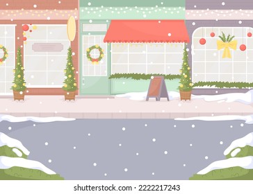 Town street with falling snowflakes flat color vector illustration. Xmas holiday celebration. Wonderland scene. Fully editable 2D simple cartoon cityscape with Christmas scenery on background