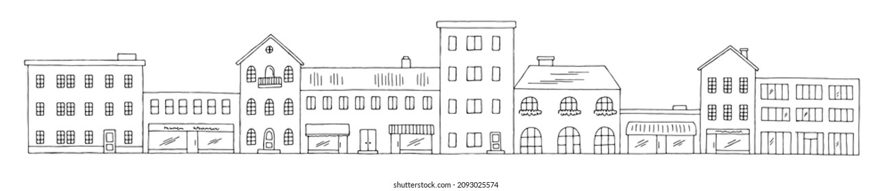 Town street graphic black white long city building landscape sketch illustration vector 