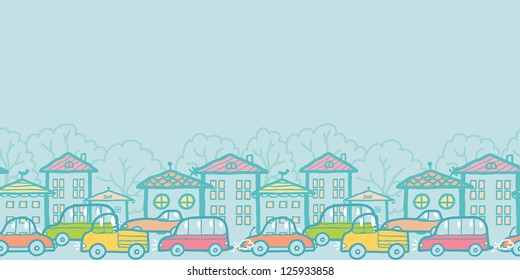 Town street horizontal seamless pattern background border