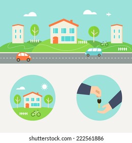 Town Street with Houses and Cars Header. Renting, Buying or Sharing Apartment Round Illustrations