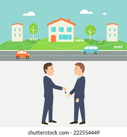 Town Street with Houses, Cars and Road. Real Estate Agent Giving a Key. Shared Economy and Collaborative Consumption Illustration. 