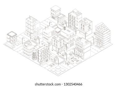 Town Street Intersection Road. Buildings Isometric Top View. Gray Lines Outline Contour Style.