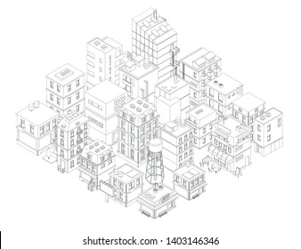 Town street Intersection road. Buildings Isometric top view. Gray lines outline contour vector style.