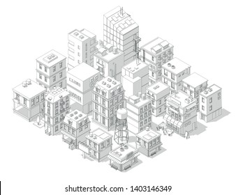 Town street Intersection road. Buildings Isometric top view. Gray lines outline contour vector style with shadows.