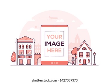 Town street - modern thin line design style vector illustration on white background. Red colored composition with buildings, tree, cafes, citizens. A smartphone with place for your image on the screen