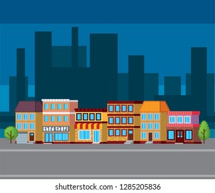 Town street. Pixel art. Old school computer graphic. Element design stickers, logo, mobile app, menu. 8 bit video game. Game assets 8-bit sprite. 16-bit.