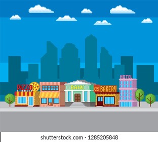 Town street. Pixel art. Old school computer graphic. Element design stickers, logo, mobile app, menu. 8 bit video game. Game assets 8-bit sprite. 16-bit.