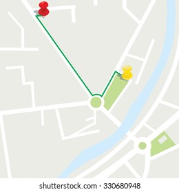 Town street plan. City map and red, yellow pin icons vector illustration. Street map and direction.  Highlighted route in road map