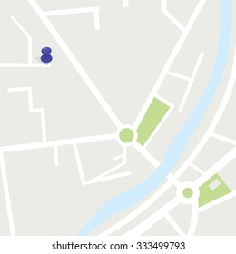 Town street plan. City map and blue pin icon vector illustration