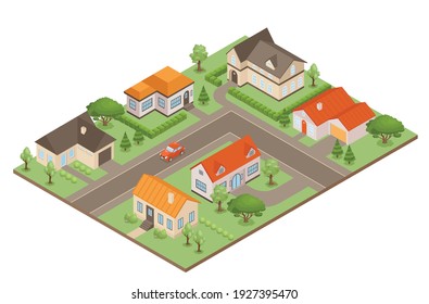 Town street with private houses and gardens 3d isometric vector illustration