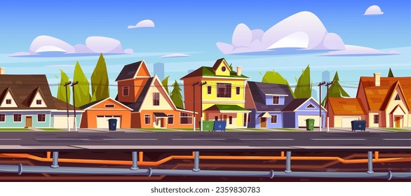 Town street with underground pipeline system. Vector cartoon illustration of suburban neighborhood, private houses, garages along road, water supply and drainage pipes under asphalt, utility services