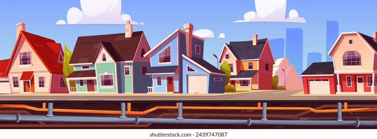 Town street with underground pipeline system. Vector cartoon illustration of water supply and sewage pipes under road in suburban district with houses and garages, green trees in yards, blue sunny sky