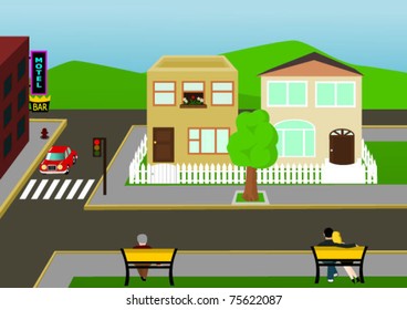 Town street view. Vector illustration
