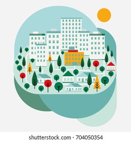 Städtische Straßen mit Gebäuden in flachem Design, Vektorgrafik