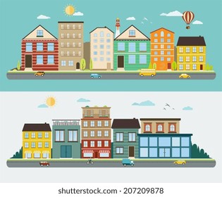 Town streets in a flat design, set of urban streetscapes