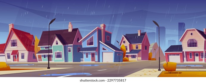 Barrio urbano con casas e intersección vial en lluvia. Paisaje otoñal de los suburbios con edificios residenciales, árboles y arbustos con hojas anaranjadas, ilustración de dibujos vectoriales