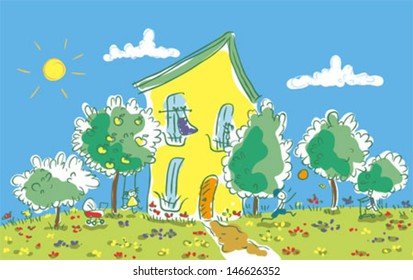 Town in the summer. Girl swinging. The boy throws the ball. Another boy riding a scooter. On the balcony hugging couple. Under the tree is buggy.