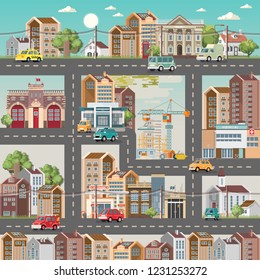 Town template with roads, cars and cute houses. Industrial background. Day in the cute city.