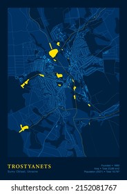 Town Trostyanets Sumy Oblast Ukraine Vector Poster Highly Detailed Map In Patriotic National Yellow Blue Flag Colors. City Transport System Cartography Includes Buildings Roads And Water Objects