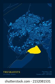 Town Truskavets Lviv Oblast Ukraine Vector Poster Highly Detailed Map In Patriotic National Yellow Blue Flag Colors. City Transport System Cartography Includes Buildings Roads And Water Objects