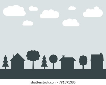 Town Vector Silhouette With Copyspace - Cute Village Illustration. Residential Neighborhood.