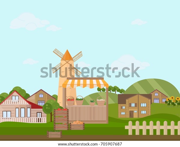 Town or village architecture. Modern flat\
style vector\
illustrations