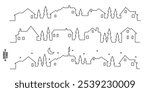 Town and village houses on skyline. Silhouette line of small buildings in neighborhood on white background. Christmas rural simple drawing. Winter country landscape with trees in night.