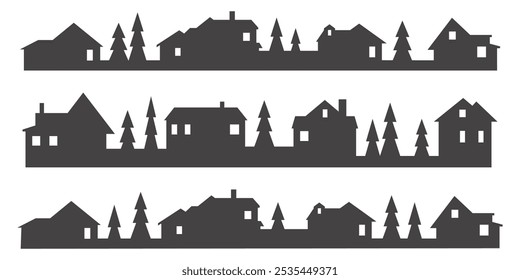 Casas de pueblo y pueblo en el horizonte. Silueta de edificios Pequeños en el barrio sobre fondo blanco. Navidades de dibujo simple rural. Paisaje rural de invierno con árboles en la noche. Vector.