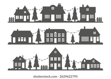 Casas de vilarejos e vilarejos no horizonte. Silhueta de pequenos edifícios no bairro sobre fundo branco. Desenho simples rural de Natal. Paisagem rural de inverno com árvores à noite. Ilustração vetorial