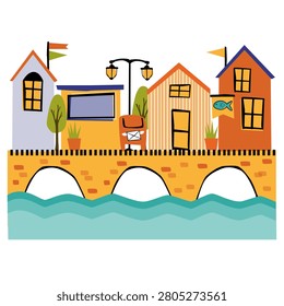 Town with water and bridge illustration featuring a charming riverside landscape, peaceful atmosphere, and scenic urban architecture