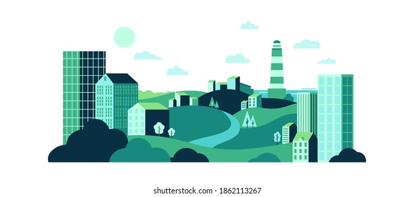 Town with wild nature and urban glass buildings. Eco city landscape with green lawns and hills, water tower and houses. Green energy and eco friendly city background vector illustration
