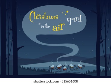 Town willage in winter forest woods. Merry Christmas and happy new year