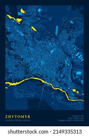 Town Zhytomyr Ukraine Vector Poster Highly Detailed Map In Patriotic National Yellow Blue Flag Colors. City Transport System Cartography Includes Grouped Map Features Buildings Roads And Water Objects