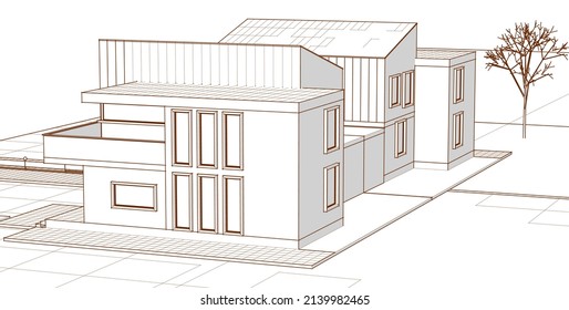townhouse architectural project sketch 3d illustration