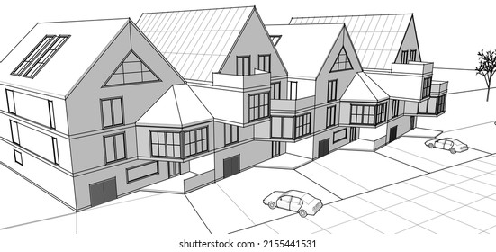 townhouse architectural project sketch 3d illustration