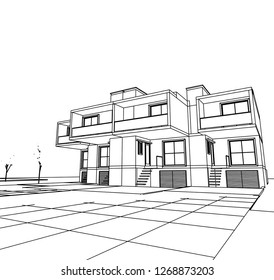 Townhouse, architectural sketch, 3d illustration