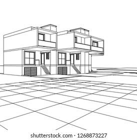 Townhouse, architectural sketch, 3d illustration