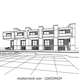 Townhouse, architectural sketch, 3d illustration