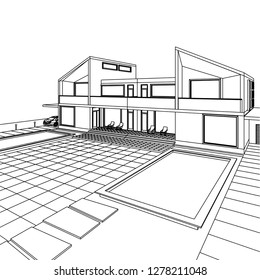Townhouse, architectural sketch, 3d illustration