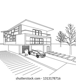 Townhouse, architectural sketch, 3d illustration