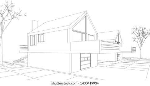 Townhouse, architectural sketch, 3d illustration