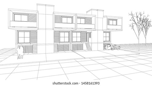 townhouse, architectural sketch, 3d illustration