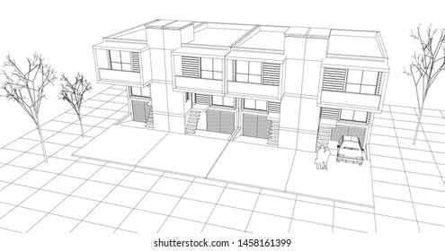 townhouse, architectural sketch, 3d illustration