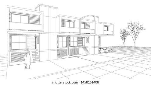 townhouse, architectural sketch, 3d illustration