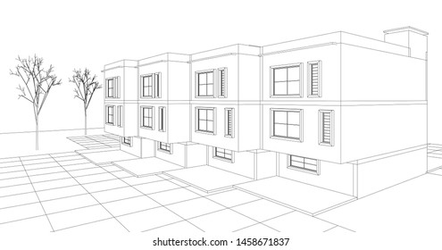 townhouse, architectural sketch, 3d illustration