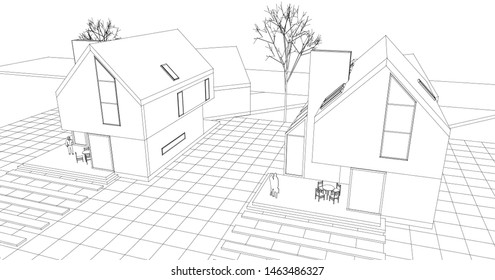 townhouse, architectural sketch, 3d illustration