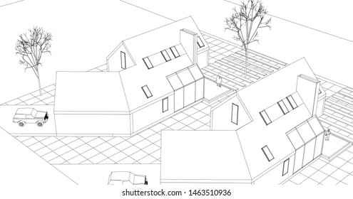 townhouse, architectural sketch, 3d illustration